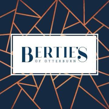 Bertie's of Otterburn wordmark on a navy background with copper-coloured geometric lines.
