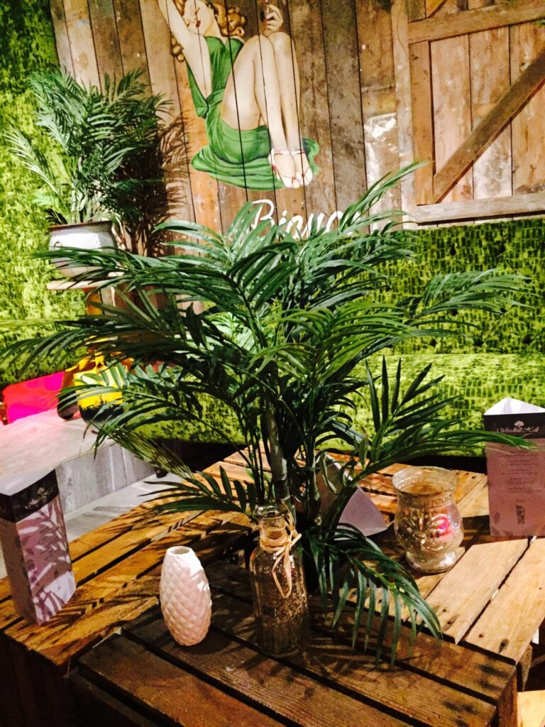 Green upholstered seating, leafy plants and wooden crate tables beneath a painted timber wall.